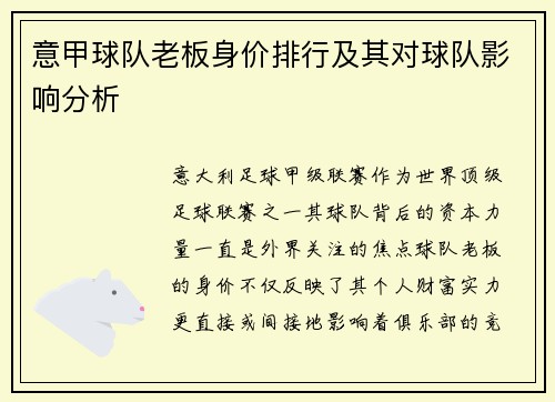 意甲球队老板身价排行及其对球队影响分析